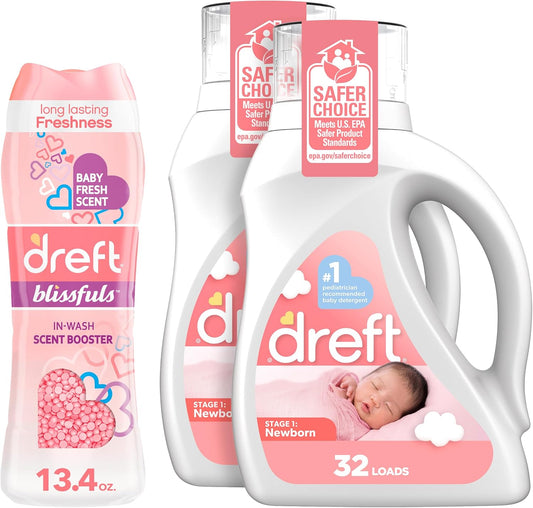 Bundle of Dreft Stage 1: Newborn Hypoallergenic Baby Laundry Detergent Liquid Soap, 46 Fl Oz, (Pack of 2) + Dreft Blissfuls In-Wash Scent Booster Beads, Baby Fresh, 13.4 oz Beauty mixology