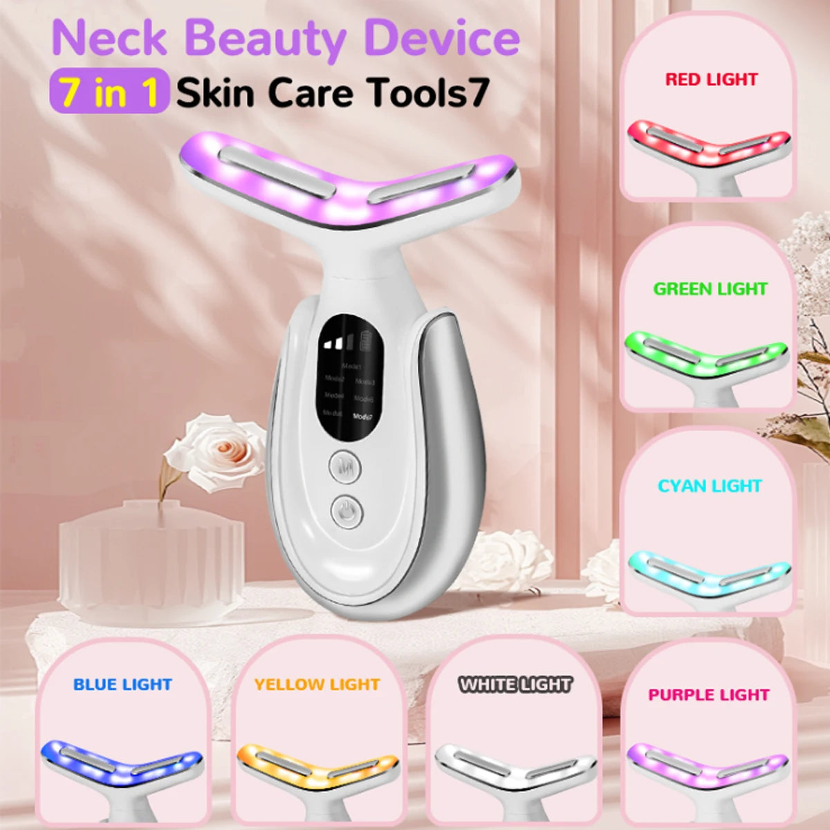 Rechargeable Face and Neck Massager with 7 Colours LED and Heat Mode, - velvetglow Beauty mixology