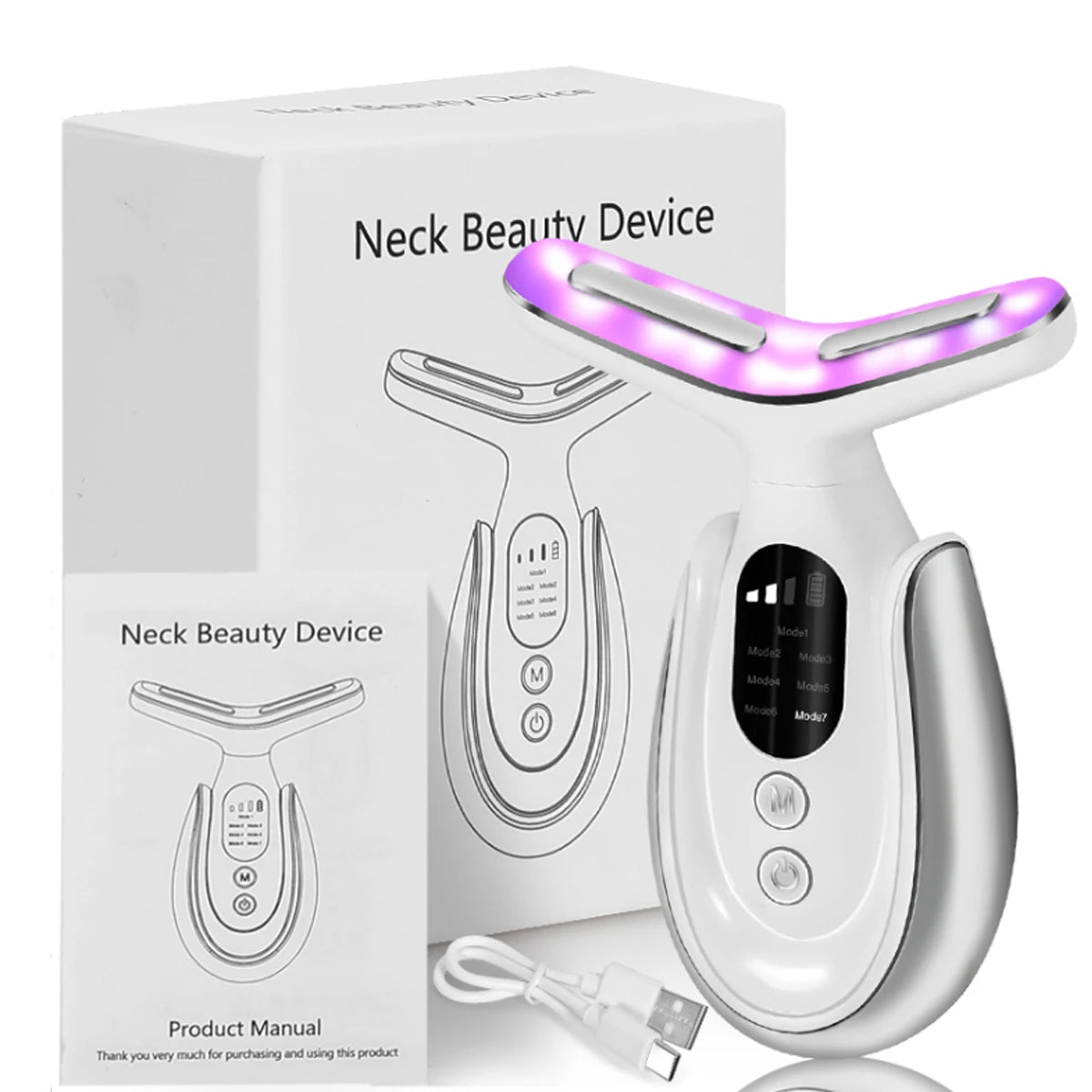 Rechargeable Face and Neck Massager with 7 Colours LED and Heat Mode, - velvetglow Beauty mixology