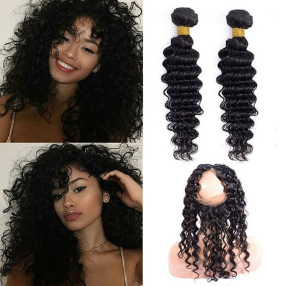 Peruvian Human Hair Extensions 360 Lace Frontal With 2 Bundles Deep - velvetglow